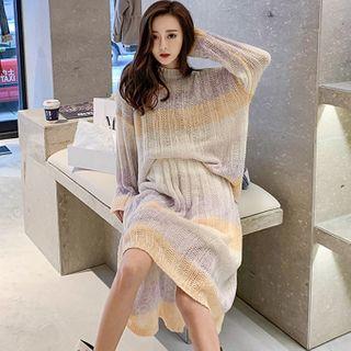 Set: Striped Sweater + Striped Midi A-line Knit Skirt Sweater - Purple & White - One Size / Skirt - Purple & White - One Size
