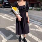 Open Back Shirred Elbow-sleeve Midi A-line Dress