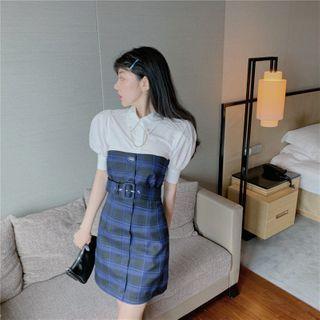 Plain Puff-sleeve Shirt / Plaid Sleeveless Dress