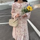 Floral Collared Long-sleeve Midi A-line Dress