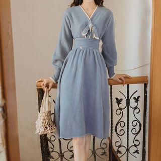 V-neck Ribbon A-line Knit Dress