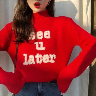 Mock Neck Letter Applique Sweater Red - One Size