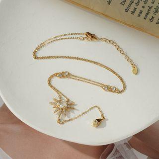 Sun Rhinestone Faux Pearl Pendant Alloy Necklace 1pc - Gold - One Size