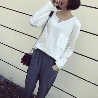 Plain Pocketed Split Neck Long Sleeve T-shirt