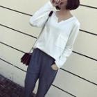 Plain Pocketed Split Neck Long Sleeve T-shirt