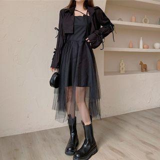Set: Crinkle Shirt + Spaghetti-strap Mesh Panel Midi A-line Dress
