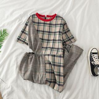 Asymmetric Plaid Panel Short Sleeve Midi Dress