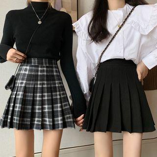 High-waist Pleated Plaid Woolen Mini Skirt