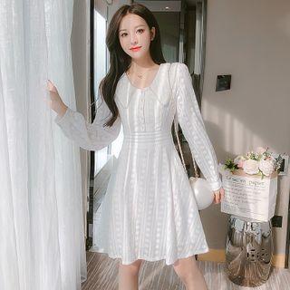 Long-sleeve Button-up Lace A-line Dress