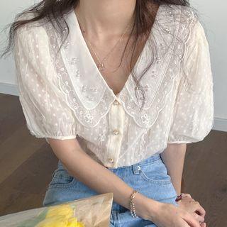 Short-sleeve Faux Pearl Lace Collar Blouse Light Almond - One Size
