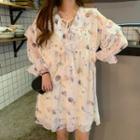Print Long-sleeve Ruffle Chiffon Dress Multicolor - One Size