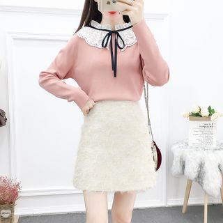 Set: Lace Collar Sweater + Mini A-line Skirt