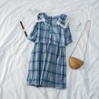 Lace-trim Check Short-sleeve Dress Blue - One Size