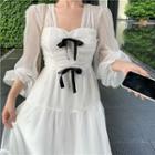 V-neck Long-sleeve Ribbon Midi Dress
