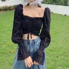 Square-neck Floral Cropped Blouse Black - One Size