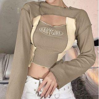 Lettering Embroidered Tank Top With Shrug