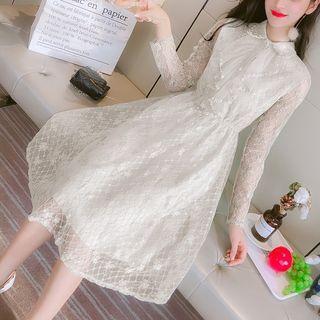 Long-sleeve Cascade Collar Lace A-line Dress