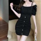 Cold-shoulder Buckled Shirred Sheath Dress