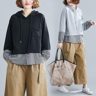 Long-sleeve Hooded Check Panel Top