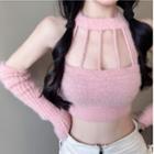 Strappy Knit Cropped Halter Top / Arm Sleeves / Set