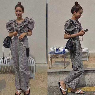 Puff-sleeve Gingham Ruffled Jumpsuit Black - One Size