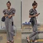 Puff-sleeve Gingham Ruffled Jumpsuit Black - One Size