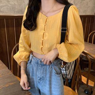 Balloon-sleeve Striped Cropped Blouse