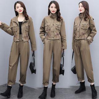 Set: Drawstring-waist Zip-up Jacket + Straight-leg Pants
