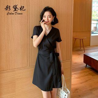 Plain Short-sleeve V-neck Tie-waist Mini A-line Dress