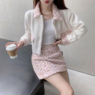 Paneled Button Jacket / Leopard Print Mini A-line Skirt