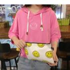 Smiley Embroidered Elbow-sleeve Hoodie