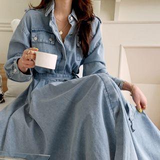 Flared Denim Long Shirtdress With Sash Blue - One Size