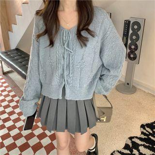Long-sleeve Plain Lace Up Knit Sweater