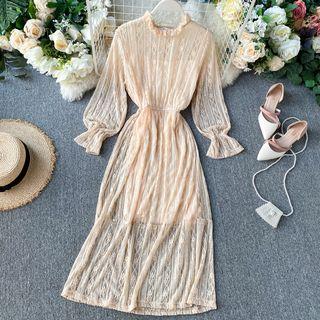 Ruffled Long-sleeve A-line Midi Lace Dress