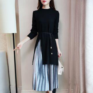 Set: Slit Tunic + Accordion Pleat Midi Skirt