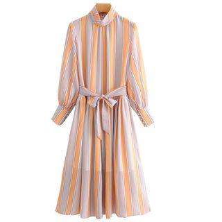 Long-sleeve Striped Tie-waist Midi A-line Dress