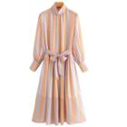 Long-sleeve Striped Tie-waist Midi A-line Dress