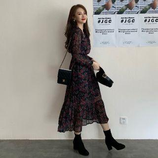 V Neck Floral Long-sleeve Dress As Shown In Figure - One Size