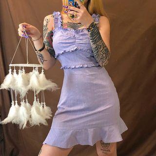 Sleeveless Frill Trim Striped Dress