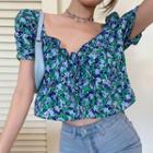 Puff-sleeve Ruffle Trim Floral Cropped Blouse Purple Floral - Dark Green - One Size