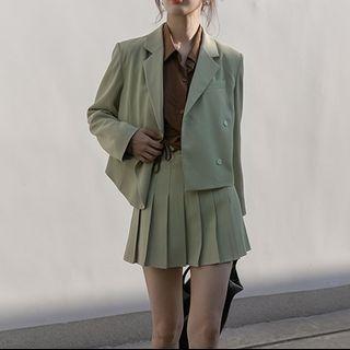 Plain Long-sleeve + Accordion Pleat Skirt Blazer Set