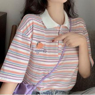 Short-sleeve Striped Fruit Embroidered Polo Shirt