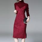 Knit Panel High Neck Faux Suede Mock Two-piece Dress