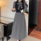 Long-sleeve Knit Panel Patterned Midi A-line Dress