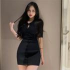 Short-sleeve Cutout-back Button Knit Mini Bodycon Dress Black - One Size