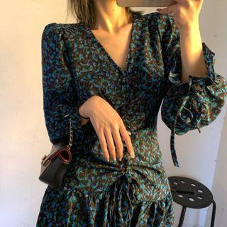 Long-sleeve Floral Print V-neck Mini Dress