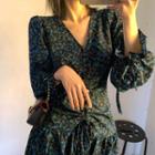 Long-sleeve Floral Print V-neck Mini Dress