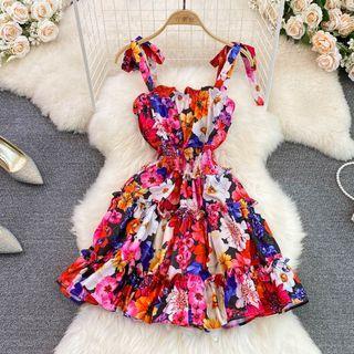 Bow Strap Floral A-line Mini Dress