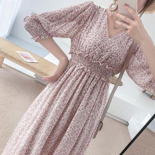Floral V-neck Elbow-sleeve Dress