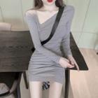 Long-sleeve Skew-neckline Mini Sheath Dress